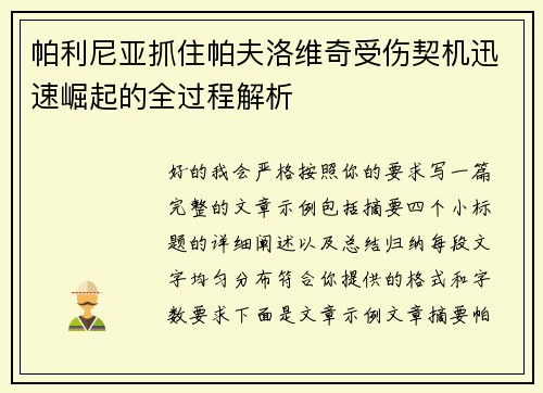 帕利尼亚抓住帕夫洛维奇受伤契机迅速崛起的全过程解析