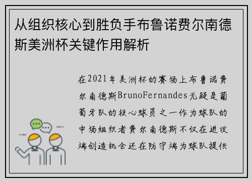 从组织核心到胜负手布鲁诺费尔南德斯美洲杯关键作用解析