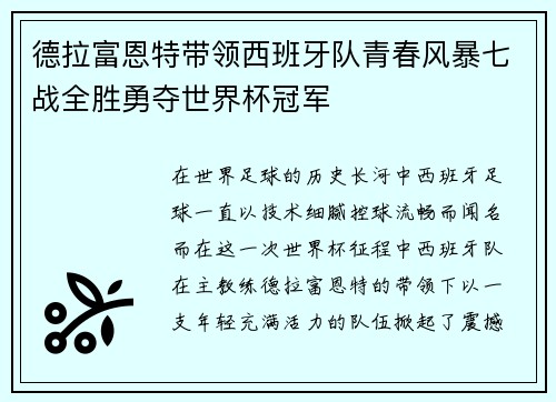 德拉富恩特带领西班牙队青春风暴七战全胜勇夺世界杯冠军